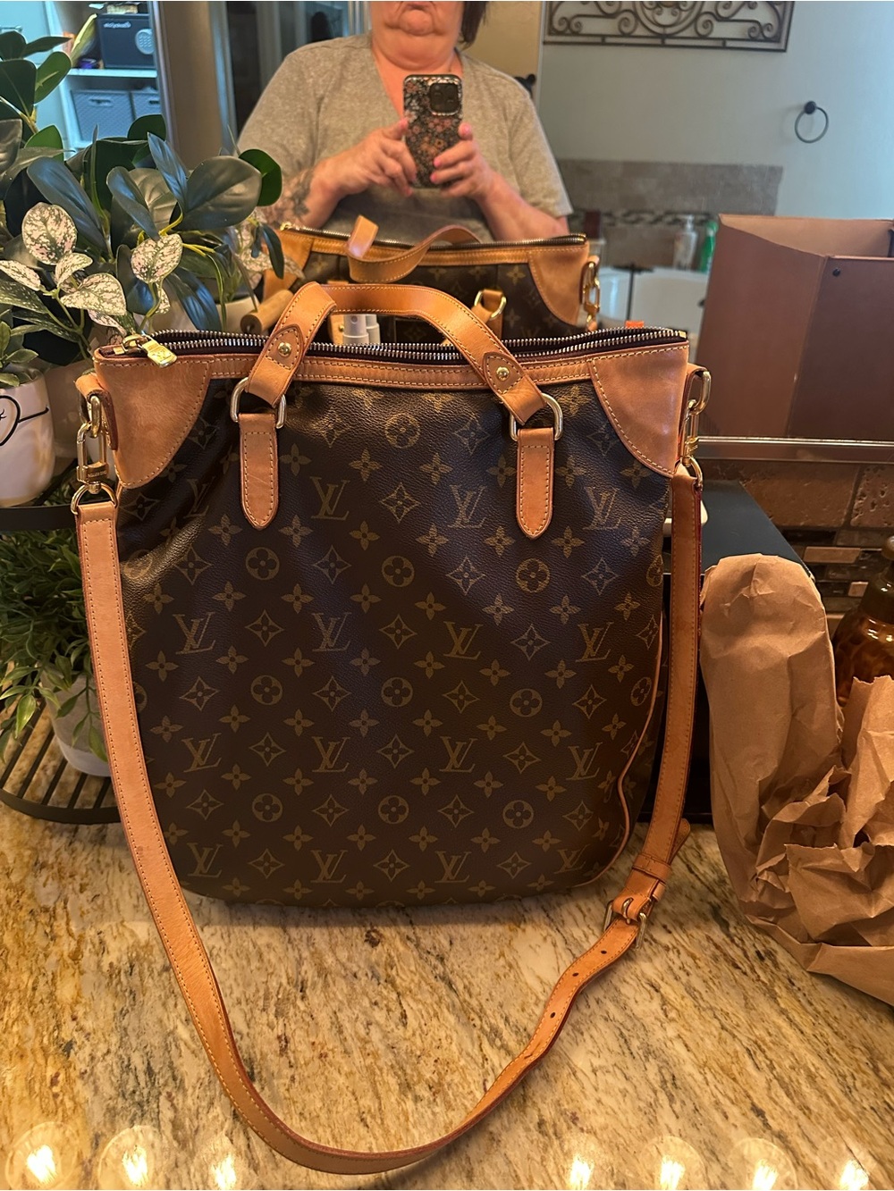 Louis Vuitton Monogram Canvas Odeon Gm Two Way Brown Leather Messenger Bag